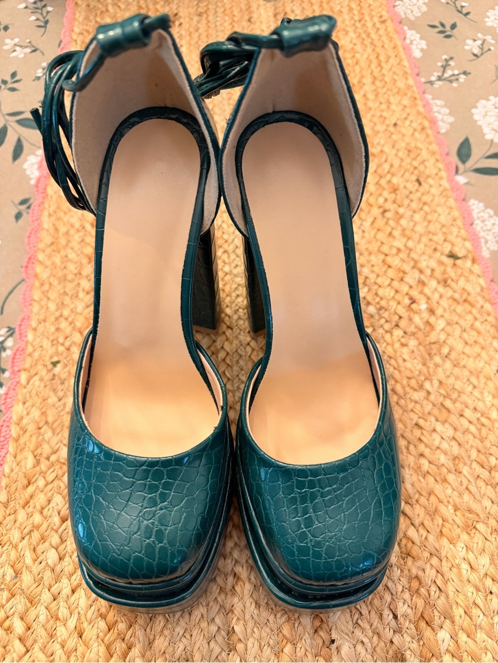 Teal Croc-Embossed Platform Ankle-Strap Pumps